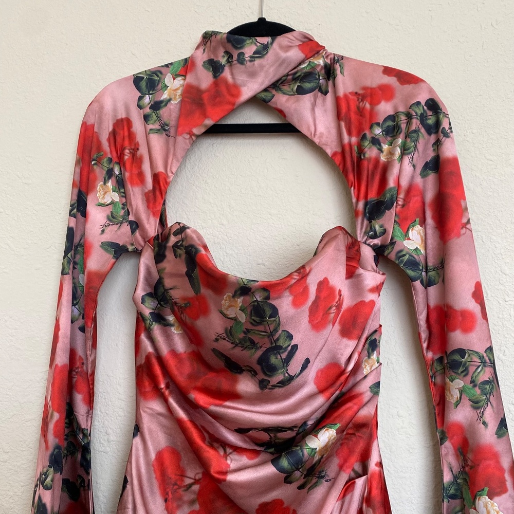 House of CB ‘Toira’ Satin Rose Print draped corset mini dress NWOT size L - Picture 12 of 15